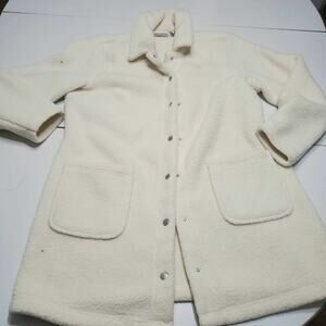 Denim & Co. Womens Fleece Jacket White long Sleeve Snap Pockets Collar Petites M